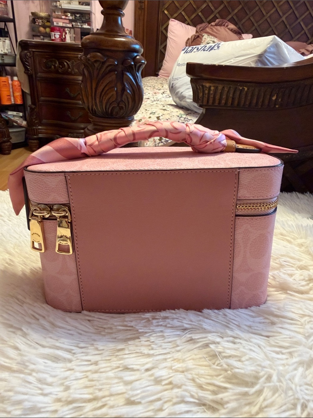 Coach Pink Signature Cosmetic Train Case with Scarf-Wrapped Handle - Picture 2 of 5
